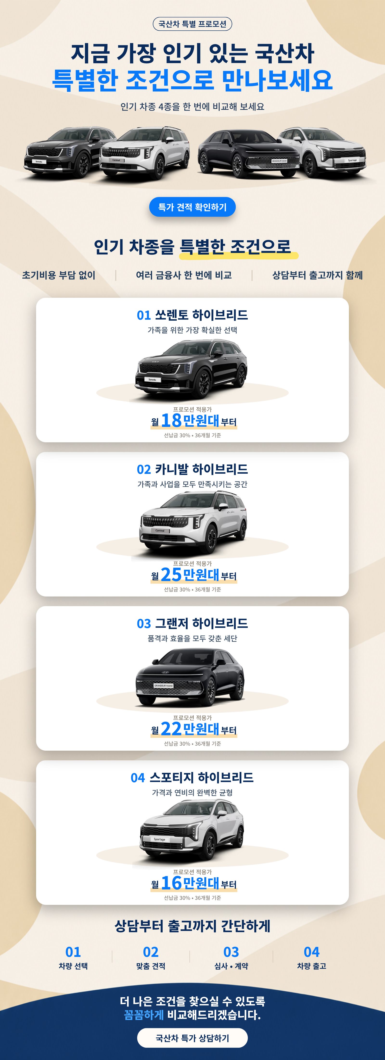 국산 인기 차종 프로모션 — 쏘렌토·카니발·그랜저·스포티지 하이브리드