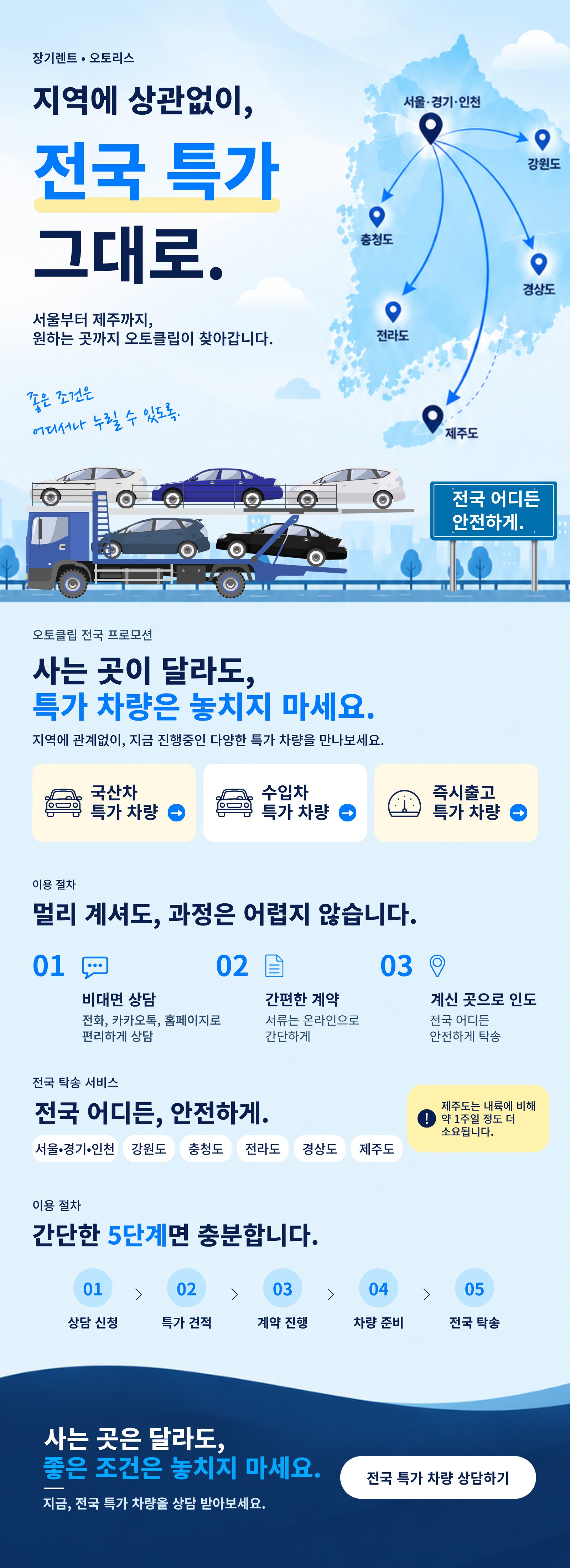지역에 상관없이 전국 특가 그대로 — 서울부터 제주까지 전국 탁송 장기렌트·리스